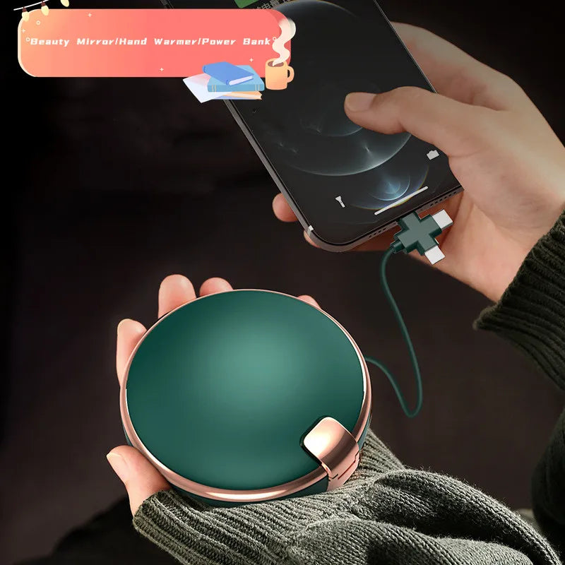 Three-In-One Retro Multifunctional Hand Warmer with Makeup Mirror, Power Bank with Cable USB Electric Cake