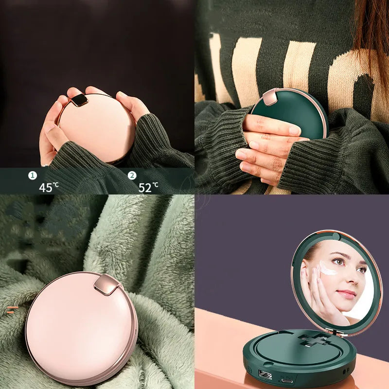 Three-In-One Retro Multifunctional Hand Warmer with Makeup Mirror, Power Bank with Cable USB Electric Cake