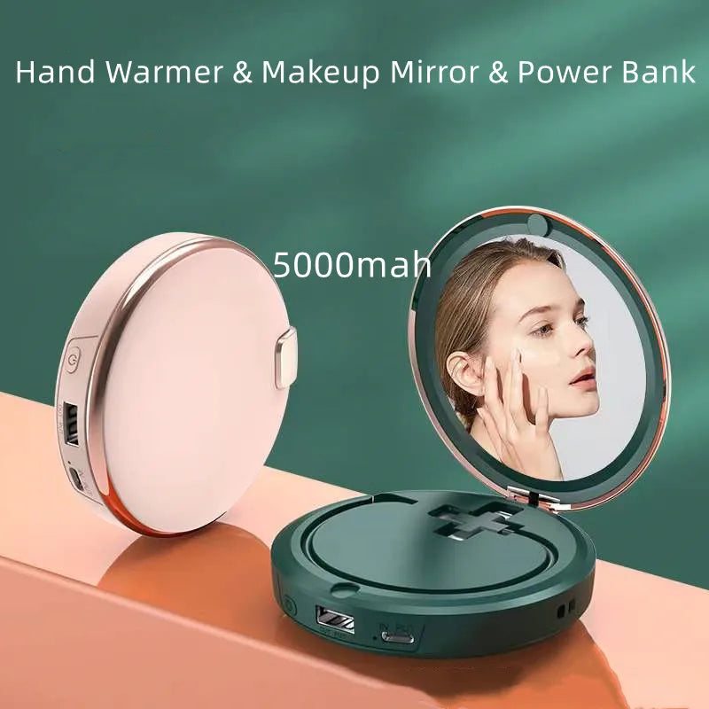 Three-In-One Retro Multifunctional Hand Warmer with Makeup Mirror, Power Bank with Cable USB Electric Cake