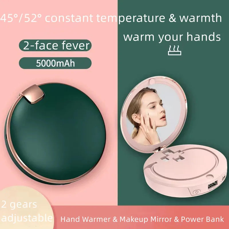 Three-In-One Retro Multifunctional Hand Warmer with Makeup Mirror, Power Bank with Cable USB Electric Cake